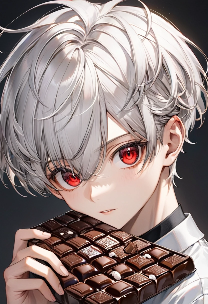 (16 yo, solo crew cut silver hair very short hair cool boy, detailed red eyes, serious face), (hand holding a detailed biggest shape of number 3:1.5 for chocolate), perfect anatomy, masterpiece, best quality, 16k, beautiful detailed grow, daydreaming expression.
