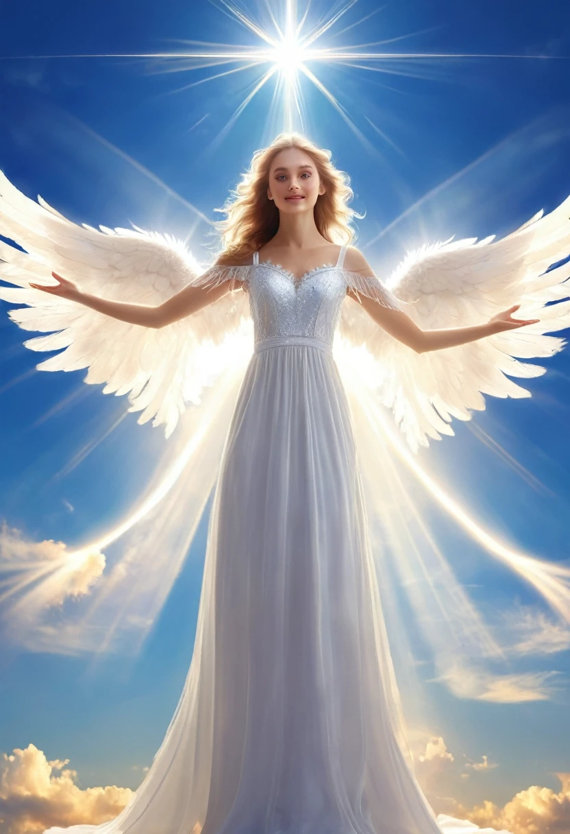 A  with wings, like an angel, a point of bright light in the sky, fantastic,