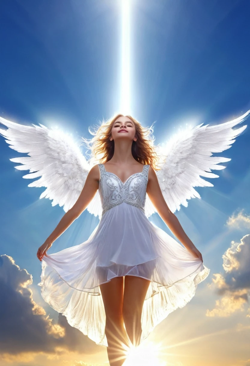 A  with wings, like an angel, a point of bright light in the sky, fantastic,
