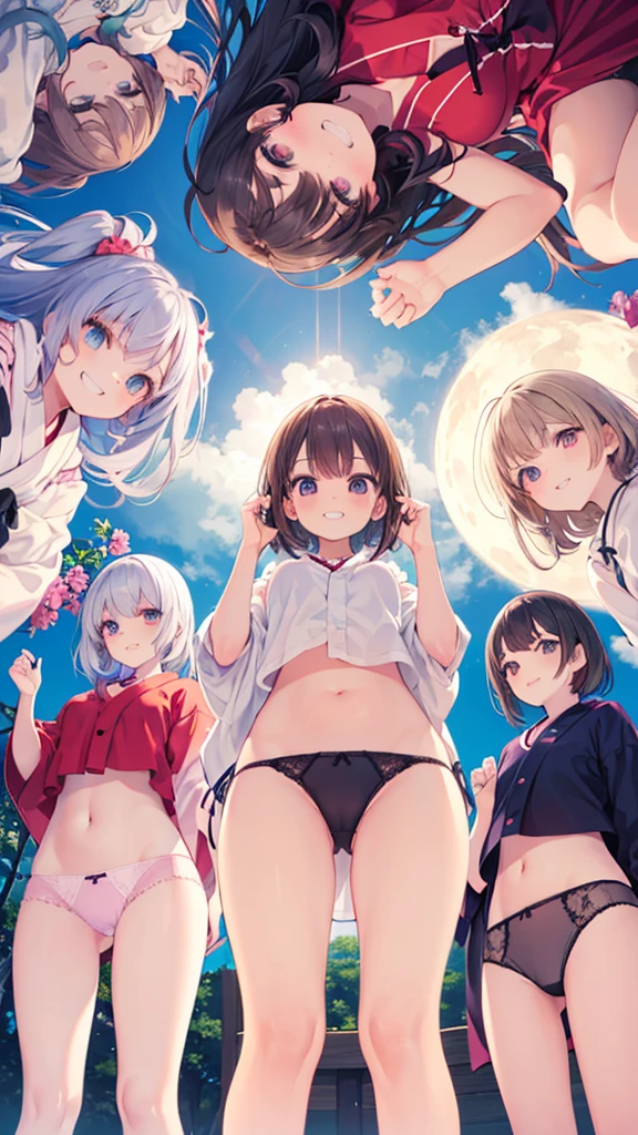 (((focus panties))), (I look up at the five girls from the ground.)、(Five girls are standing in a circle around me, looking down at me.)、circle、(seductive grin), (((5 giant girls)))、((angle from below)), 5 young face, (thighs), 5panties, belly button、(angle from under 5 girls),,mesugaki,Yukata, Sleeveless,