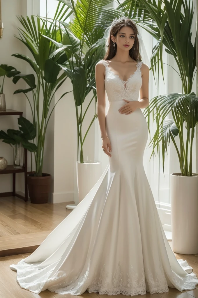 Top quality, Masterpiece, hyper HD, (Photorealistic: 1.4), RAW photo, 1girl,solo,Fashion model,Wearing a white mermaid wedding dress, v-neck dress style, Lace material, long tail, full body, in white room with indoor decorative palm tree,Stand upright and look straight.