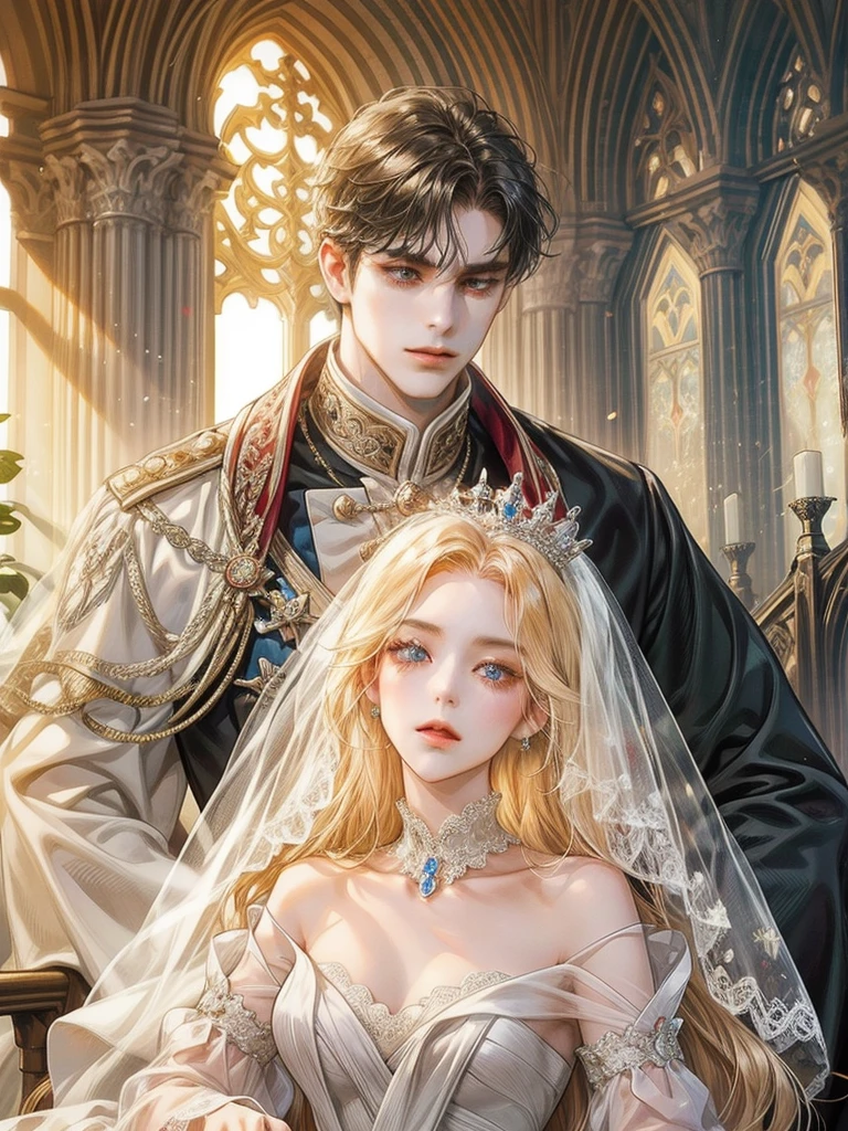 (1 man and 1 woman looking at each other on the arch bridge), Couple, princess, Crown Prince, Cathedral backdrop,bridal veil,wedding dress,An arrogant face
