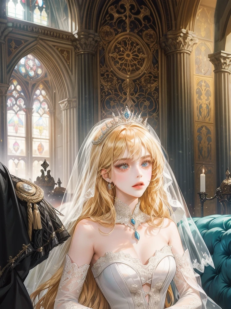 （1 man and 1 woman looking at each other on the arch bridge）, Couple​, princess, Crown Prince,   Cathedral backdrop,bridal veil,wedding dress,An arrogant face