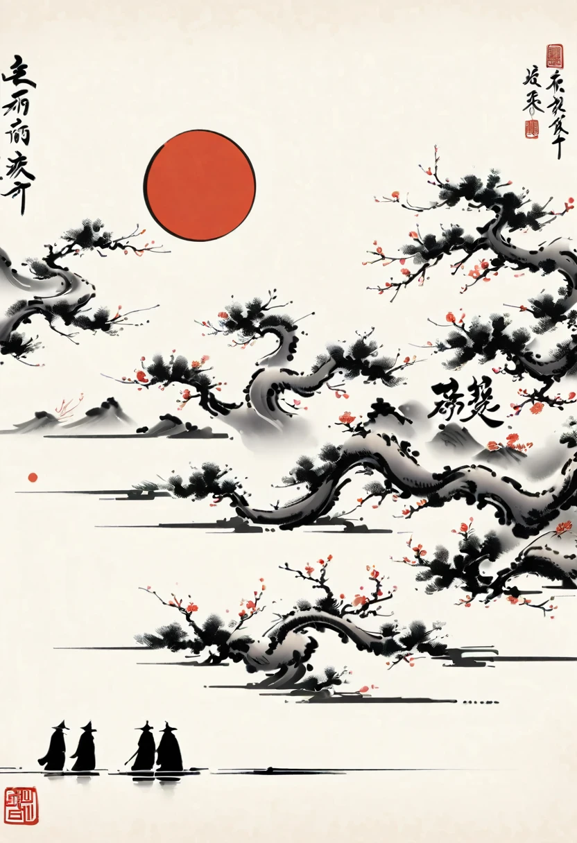 Bada Shanren style,Chinese Ink Painting,Simple style,is capitalized,Very simple pictures,People from far away,