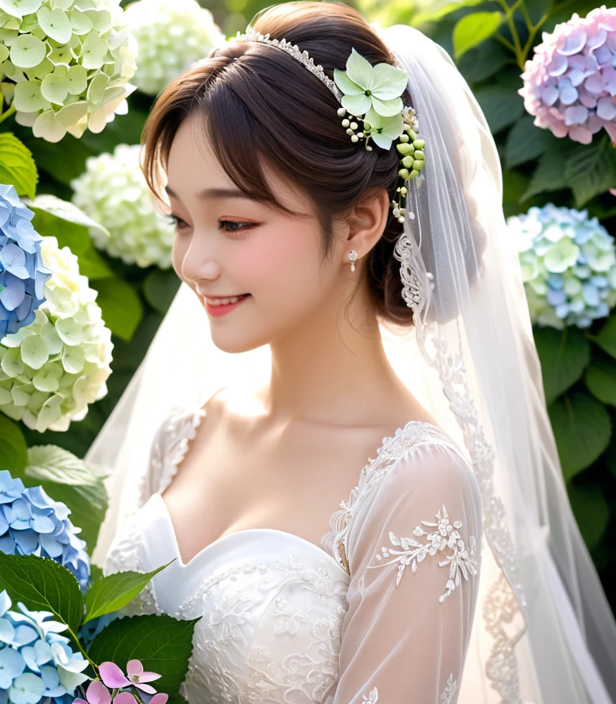 from side, close up face, look away, smile, frilly long sleeves, white lace veil, kawaii, The bride is dressed in a white wedding dress, and her cheeks are flushed with happiness. Her profile exudes a quiet beauty, and a vibrant hydrangea flower is added to her ear. The petals of the hydrangea enhance the elegance of the bride, and its color symbolizes her happiness. This scene celebrates pure love, happiness, and a new beginning.(photo realistic:1.2)