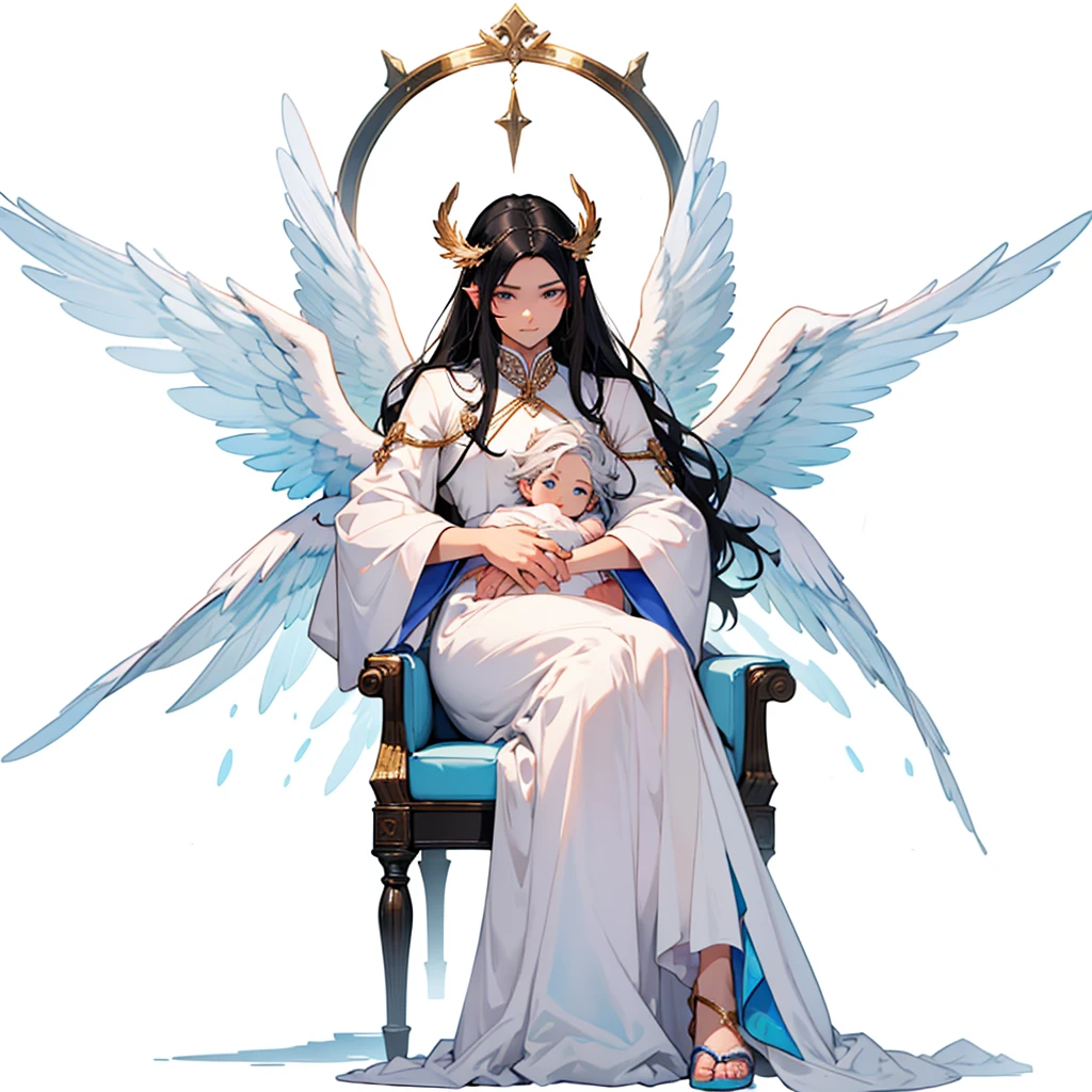 Biblically accurate angel, multiple eyes, rings of fire, cute, long black hair, thone, androgenous, long white tunic, baby blue light pink and white color scheme, peaceful expression, kind expression, motherly expression, powerful, sitting on a throne, pink white and blue wings, three pairs of wings, androgynous appearance, male, male angel, six wings, 6 wings, one person