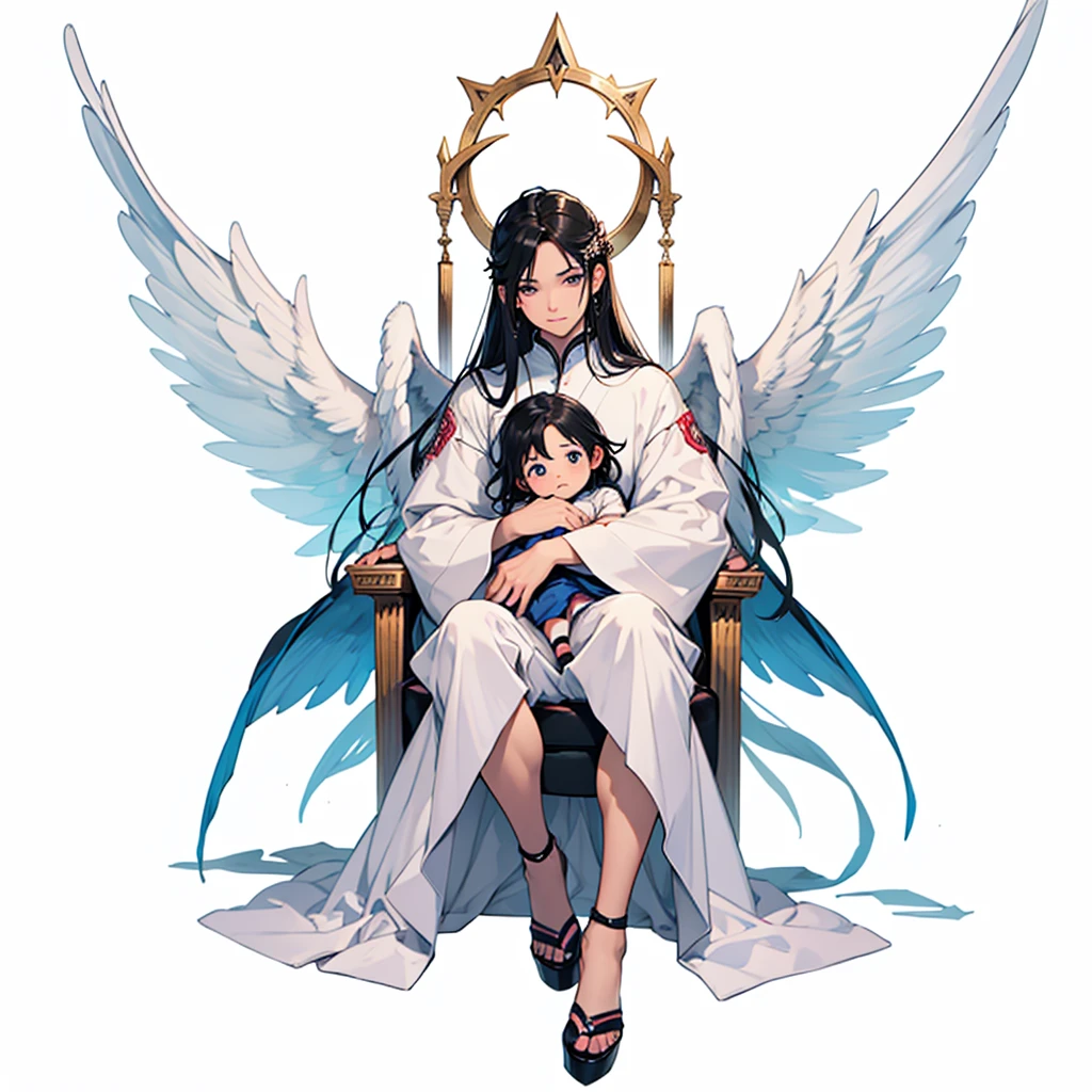 Biblically accurate angel, multiple eyes, rings of fire, cute, long black hair, thone, androgenous, long white tunic, baby blue light pink and white color scheme, peaceful expression, kind expression, motherly expression, powerful, sitting on a throne, pink white and blue wings, three pairs of wings, androgynous appearance, male, male angel, six wings, 6 wings, one person