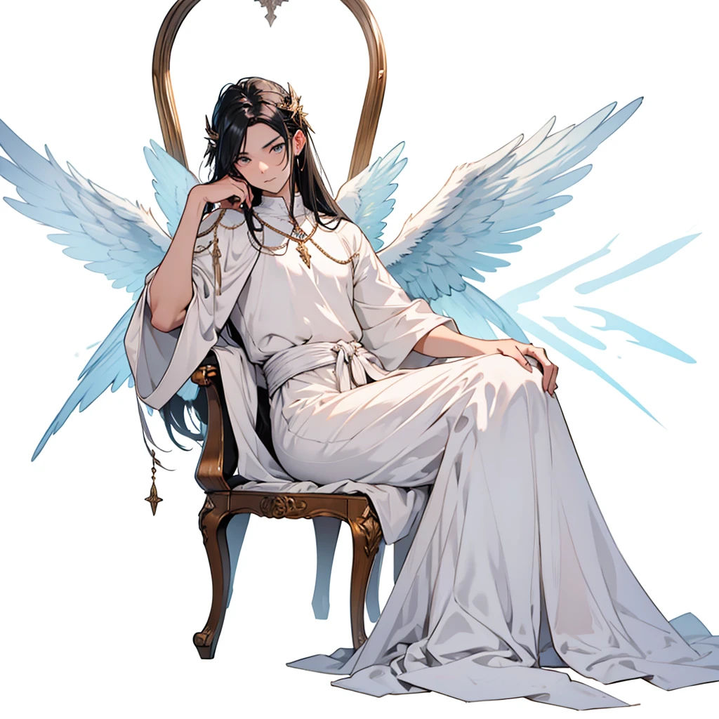 Biblically accurate angel, multiple eyes, rings of fire, cute, long black hair, thone, androgenous, long white tunic, baby blue light pink and white color scheme, peaceful expression, kind expression, motherly expression, powerful, sitting on a throne, pink white and blue wings, three pairs of wings, androgynous appearance, male, male angel, six wings, 6 wings, one person 