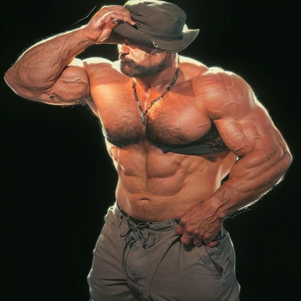 a close up of a man with a hat on his head, super buff and cool, muscular character, beefy, muscular! cyberpunk, technoviking male with no shirt, buff man, robust stocky body, big muscles, male art, big muscle, very buff, big biceps, manly monster tough guy, buff painting, muscular characters, gigachad muscular