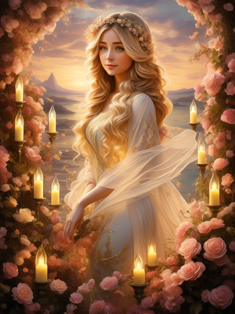 A botanical masterpiece in the style of Emile Vernon, detailed, hyper-realistic, elemets of symbolism and surrealism, a painting by mse an insanely beautiful woman 45 years old by Emile Vernon, luminous design, pastel colours, gold, ink drips, autumn lights, intricate design, intertwined, perfect beautiful woman, flowers, pastel, gold, stunning beauty, ethereal beauty,