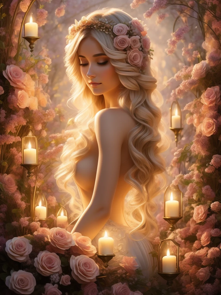 A botanical masterpiece in the style of Emile Vernon, detailed, hyper-realistic, elemets of symbolism and surrealism, a painting by mse an insanely beautiful woman 45 years old by Emile Vernon, luminous design, pastel colours, gold, ink drips, autumn lights, intricate design, intertwined, perfect beautiful woman, flowers, pastel, gold, stunning beauty, ethereal beauty,