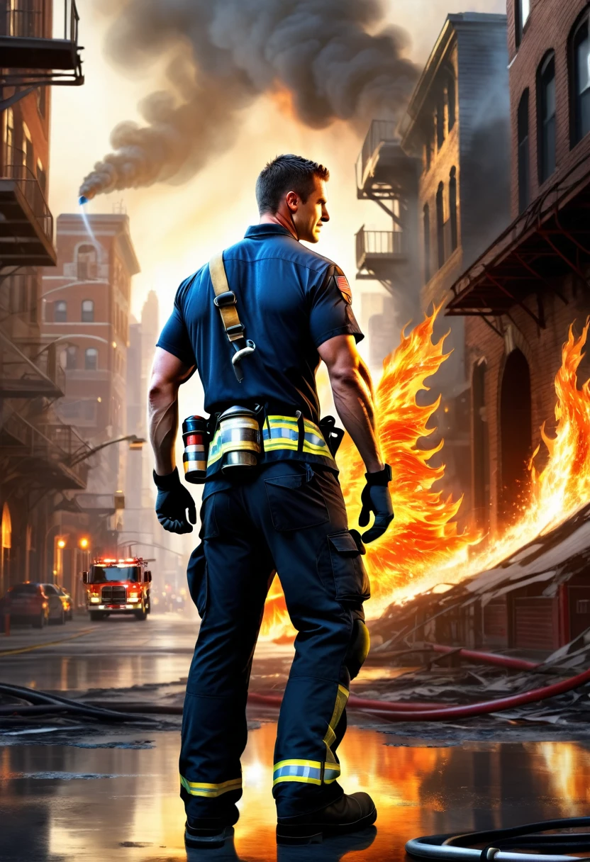 (Firefighter back:1.5), From the back,wearing a tattered shirt, combustion,flame, Luminescence, Dynamic poses, Fighting Stance, (fantasy city background), Pants,, Practical, masterpiece, Intricate details, Detailed background, Depth of Field, Fitness back,