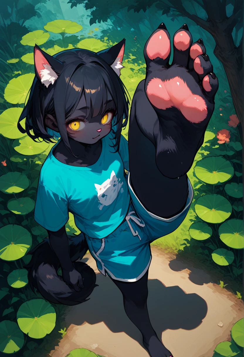 score_9,score_8_up,score_7_up,score_6_up,score_5_up, source_furry, hadrian,from above,fisheye,standing and show foot,shanding and show sole,standing on one leg,foot focus,sole,barefoot,no shoes,  furry female, cat girl, black fur, yellow eyes, black hair, paw_sloe,sharp_toenails, pawpads, shorts