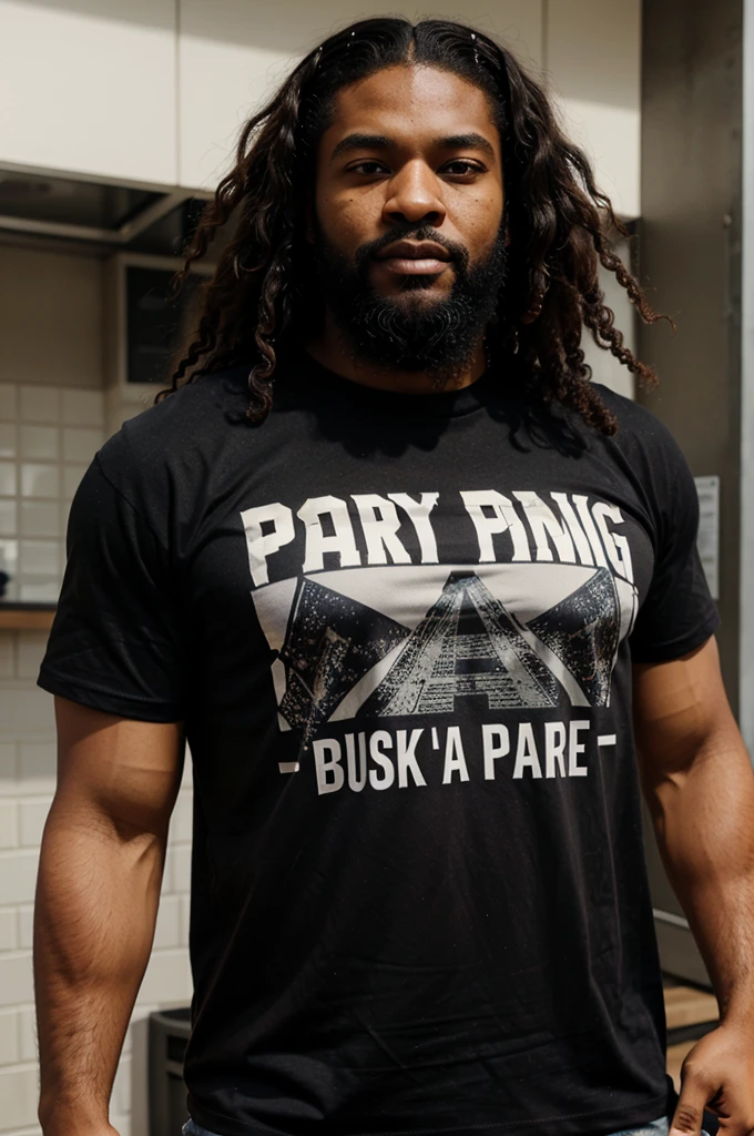 A black man with an ugly and fierce face, a very sturdy body, a bushy beard, and long, curly hair, wearing a t-shirt that says "parking" 