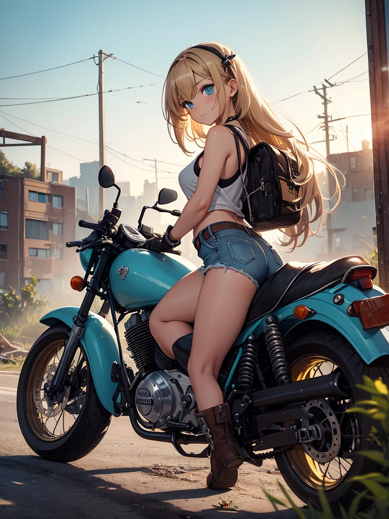 masterpiece, best quality,cowboy shot,1girl,(watercolor painting):1.2,pencil sketch,BREAK,18 years old, (cyan eyes):1.2,( long hair, strait hair,blond hair),BREAK White tank top,denim shorts, fingerless gloves, Work boots,Hip Hop, Punk Look, Chain,small smile,BREAKA photorealistic image of a young girl, Eliana, about 18 years old, (riding her vintage 1970s-style black motorcycle), through the ruins of an abandoned city at dusk. The scene captures her in a cowboy shot, riding intently through the decaying urban landscape. The ruins are filled with crumbled buildings, overgrown vegetation, and scattered debris, BREAKmasterpiece, best quality, ultra detailed, highres,4k,