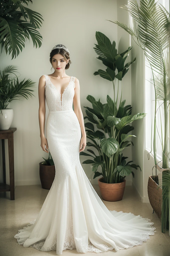 Top quality, Masterpiece, hyper HD, (Photorealistic: 1.4), RAW photo, 1girl，solo，Fashion model，Wearing a white mermaid wedding dress， v-neck dress style, Lace material, long tail, full body, in white room with indoor decorative palm tree，Stand upright and look straight.