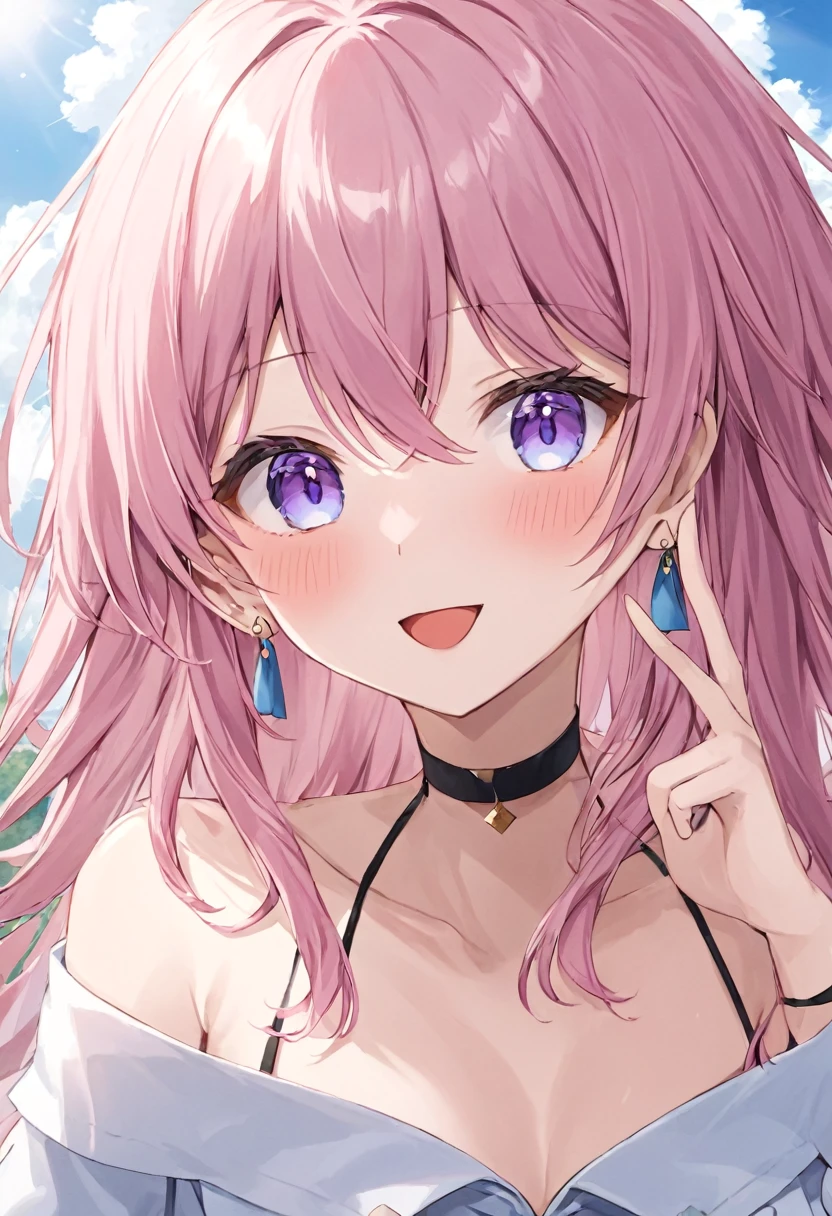 Super detailed,(highest quality),((masterpiece)),(High resolution),original,very,Sanyueki, One girl, alone, Pink Hair, smile, null, bangs, Open your mouth, :d, View Viewer, blue null, Long sleeve, Long Hair, Purple eyes, Outdoor, shirt, Hair between the eyes, cloud, choker, Day, white shirt, salute, chest, black choker, Earrings, Upper Body, blush, Pink Eyes,blue eyes, Exposing shoulders,Thighs