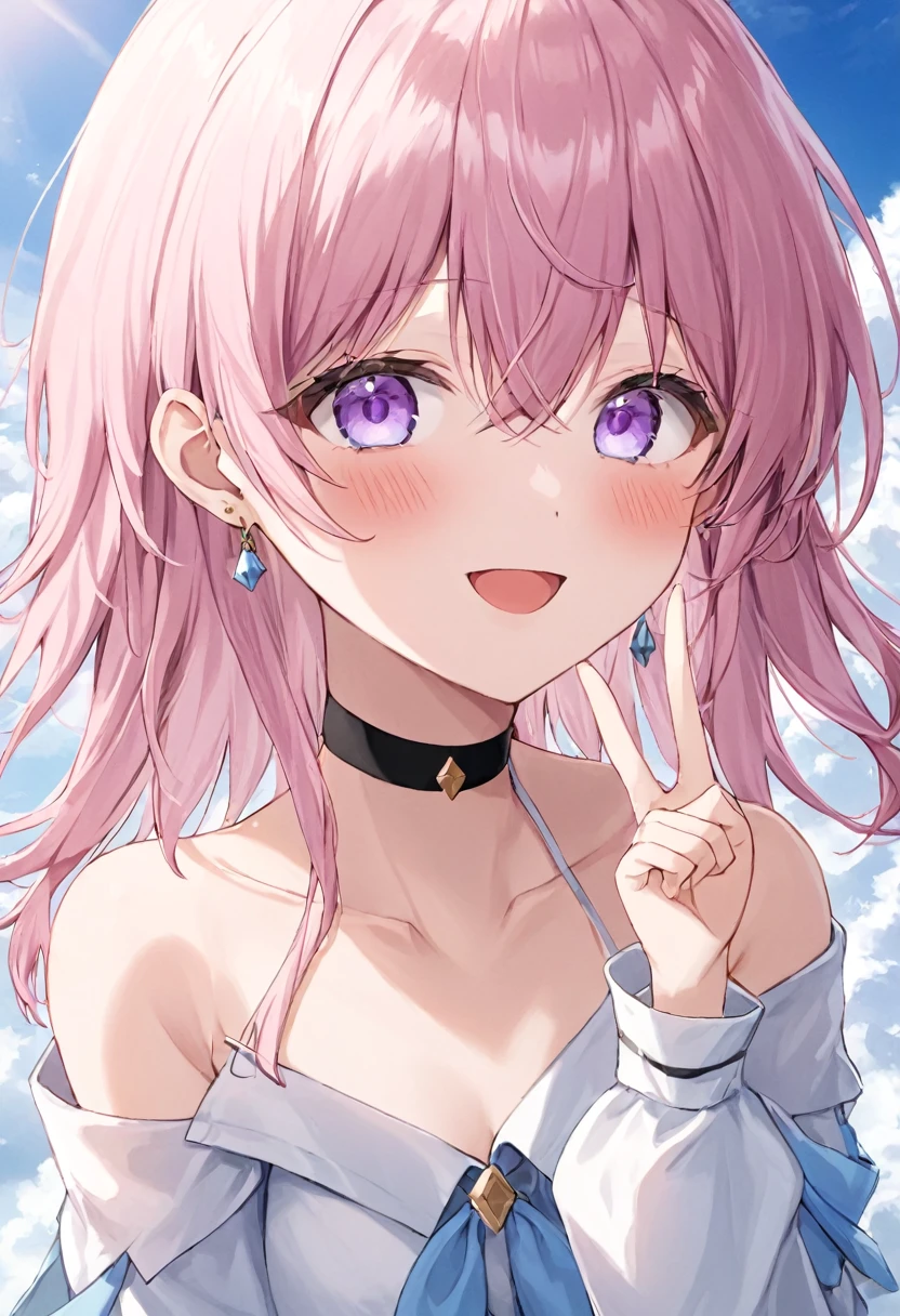 Super detailed,(highest quality),((masterpiece)),(High resolution),original,very,Sanyueki, One girl, alone, Pink Hair, smile, null, bangs, Open your mouth, :d, View Viewer, blue null, Long sleeve, Long Hair, Purple eyes, Outdoor, shirt, Hair between the eyes, cloud, choker, Day, white shirt, salute, chest, black choker, Earrings, Upper Body, blush, Pink Eyes,blue eyes, Exposing shoulders,Thighs