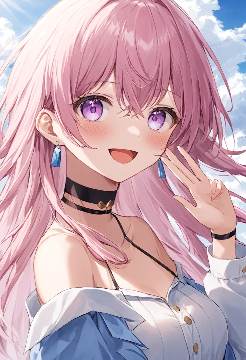 Super detailed,(highest quality),((masterpiece)),(High resolution),original,very,Sanyueki, One girl, alone, Pink Hair, smile, null, bangs, Open your mouth, :d, View Viewer, blue null, Long sleeve, Long Hair, Purple eyes, Outdoor, shirt, Hair between the eyes, cloud, choker, Day, white shirt, salute, chest, black choker, Earrings, Upper Body, blush, Pink Eyes,blue eyes, Exposing shoulders,Thighs