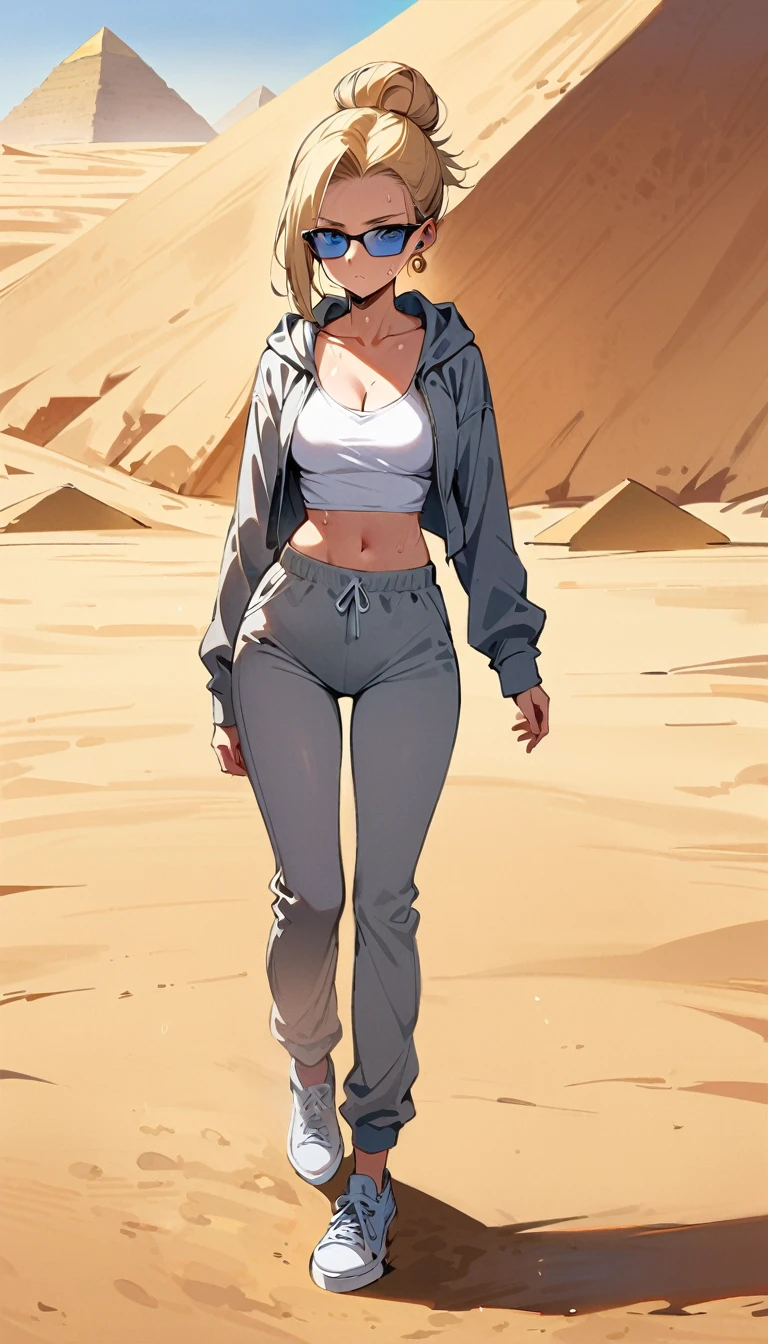 (masterpiece, best quality:1.2), solo, Android 18 from Dragon Ball, (light gray top), ((slip-on crop top)), ((long sweatpants)), ((light gray baggy sweatpants)), (gray hooded jacket), thighs, midriff, small breasts, sweat, blonde hair, (single hair bun), ((blue eyes)), sunglasses, earrings on earlobes, slender feminine figure, narrow waistline, skinny body, long legs, Egypt, walking across desert, large pyramid in background, daytime, clear sunny sky, sweating, cleavage, magnificent view, blur background, 4K