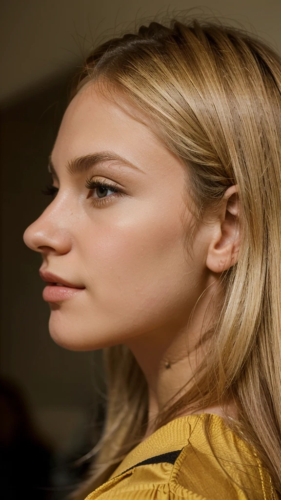 A pretty young woman in profile, with Soft features and blonde hair 