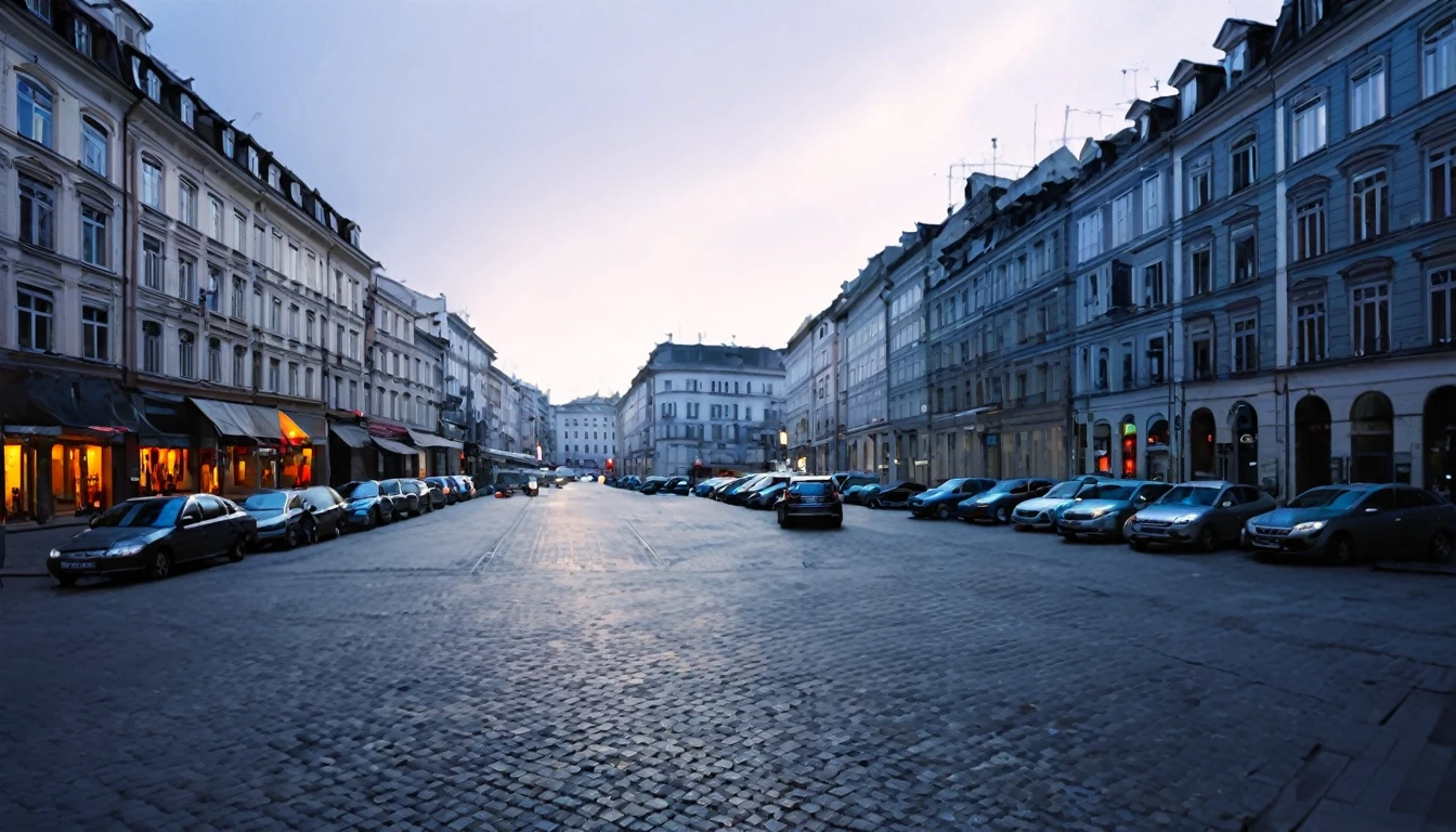 street in the city center, several buildings, parked cars, late afternoon, sinister atmosphere
