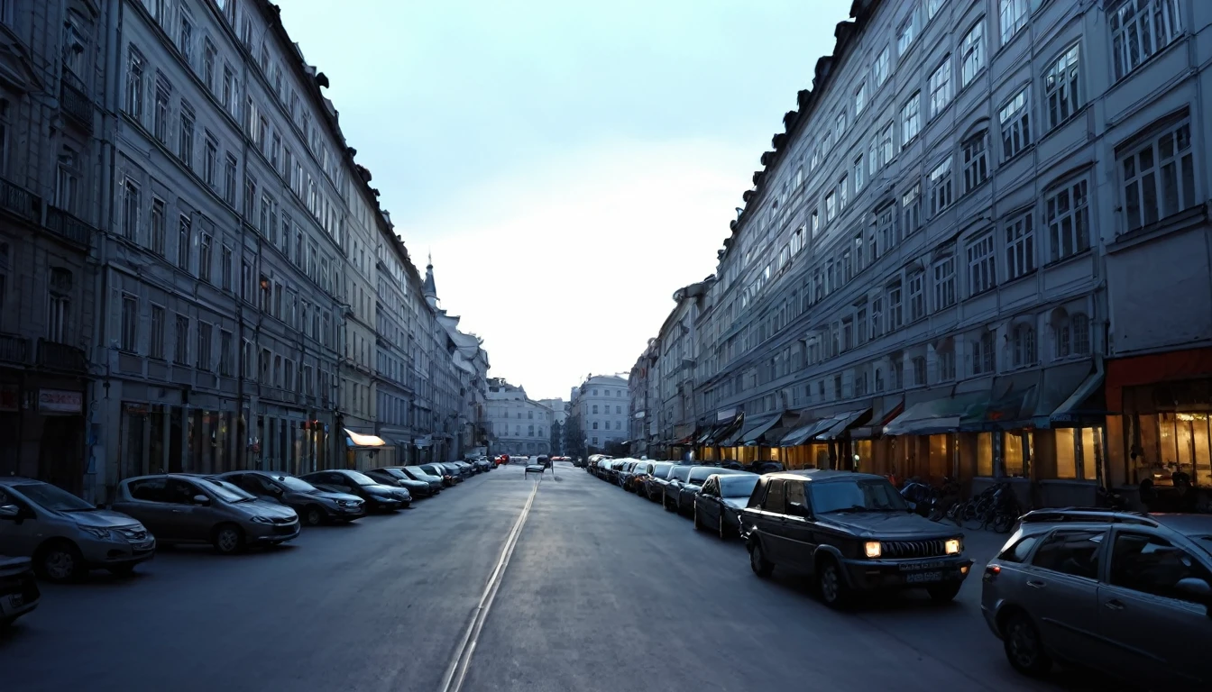 street in the city center, several buildings, parked cars, late afternoon, sinister atmosphere