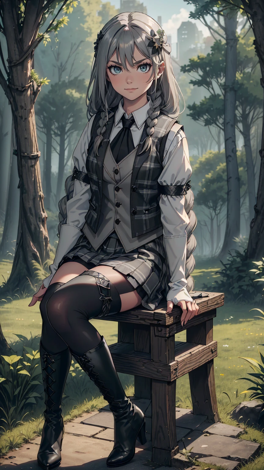 最high quality、Ultra High Definition, Ultra High Quality, Hyper Definition, Hyper Quality, Hyper Detailed, Extremely Detailed, Perfectly Detailed, Best image quality、masterpiece、woman((20-year-old、Full Body,  Green glowing eyes, Silver long Hair with a small braids、Disheveled Hair、Long White Hair、Thin,Fingerless Glove、Black Luxury Vest, Grey Plaid Skirt, Black Tights,  Dark Boots On Heels, Sitting, Smirk、Flirt, Hair White Flower Barrette, Dressed in school)),high quality、Beautiful art、background((IForest Panoramic Background))、Written boundary depth、movie、Visual Arts、Perfect art、8K,Genuine、