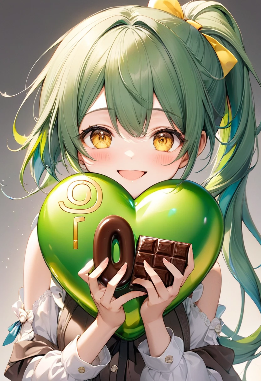 (15 yo, solo ponytail green hair long hair cute girl, cute yellow eyes, love smile), (hand holding a biggest shape of number 0:1.4 for chocolate), perfect anatomy, masterpiece, best quality, 16k, beautiful detailed grow, daydreaming expression.