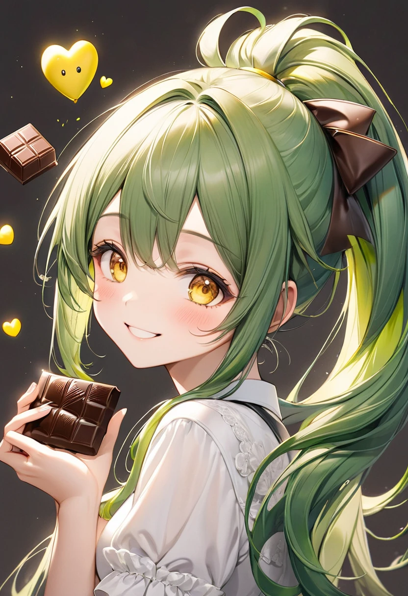 ( yo, solo ponytail green hair long hair cute girl, cute yellow eyes, love smile), (hand holding a biggest shape of number 0:1.4 for chocolate), perfect anatomy, masterpiece, best quality, 16k, beautiful detailed grow, daydreaming expression.