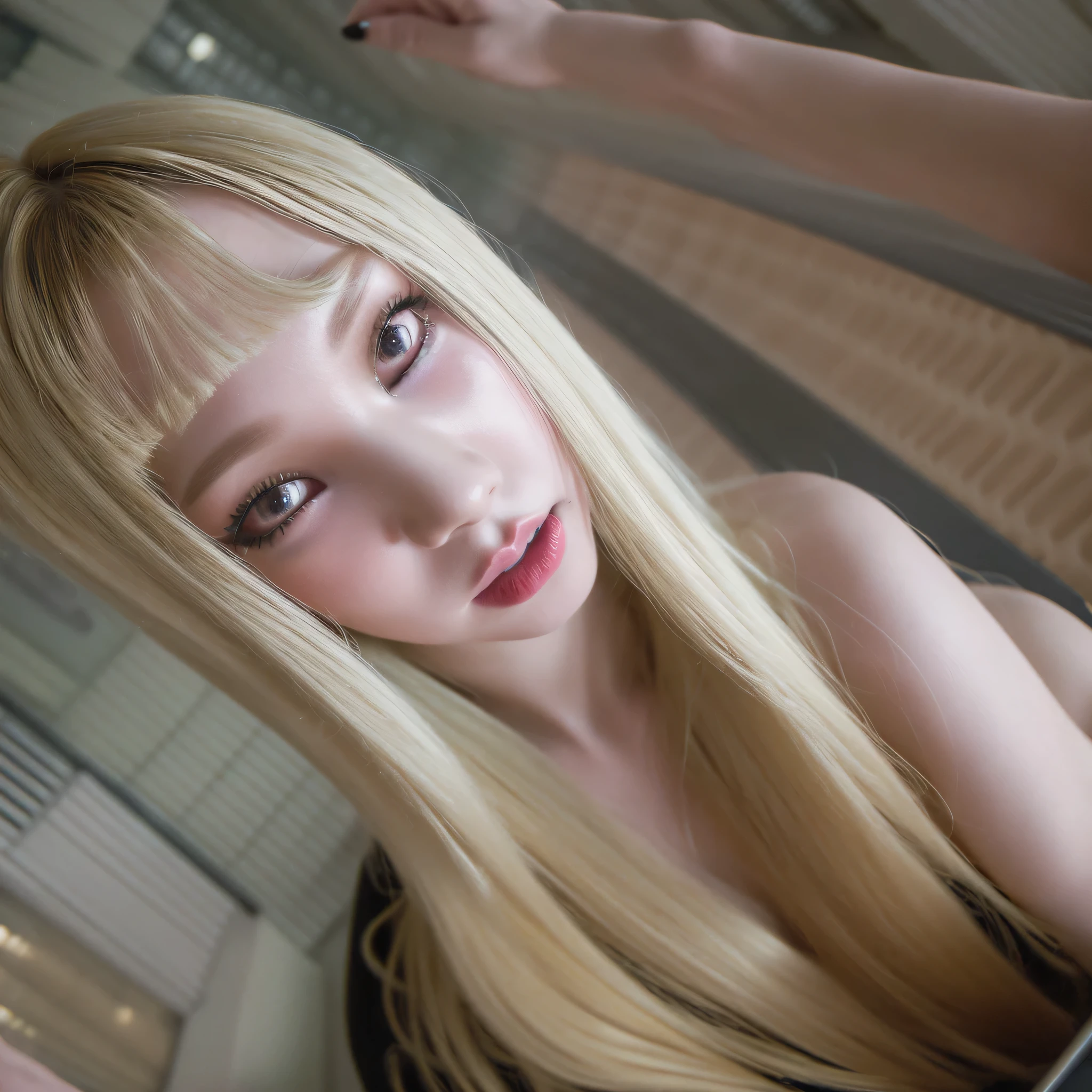 (8k, 4k, best quality, highres, ultra high res:1.1), (masterpiece, realistic, photo-realistic:1.1), 1girl, face, close-up, twintails, blonde hair, black eyes, red lips, (looking at viewer:2), absurdly long hair, long eyelashes, eyeshadow, small face, big eyes,
bare shoulders,
high contrast,