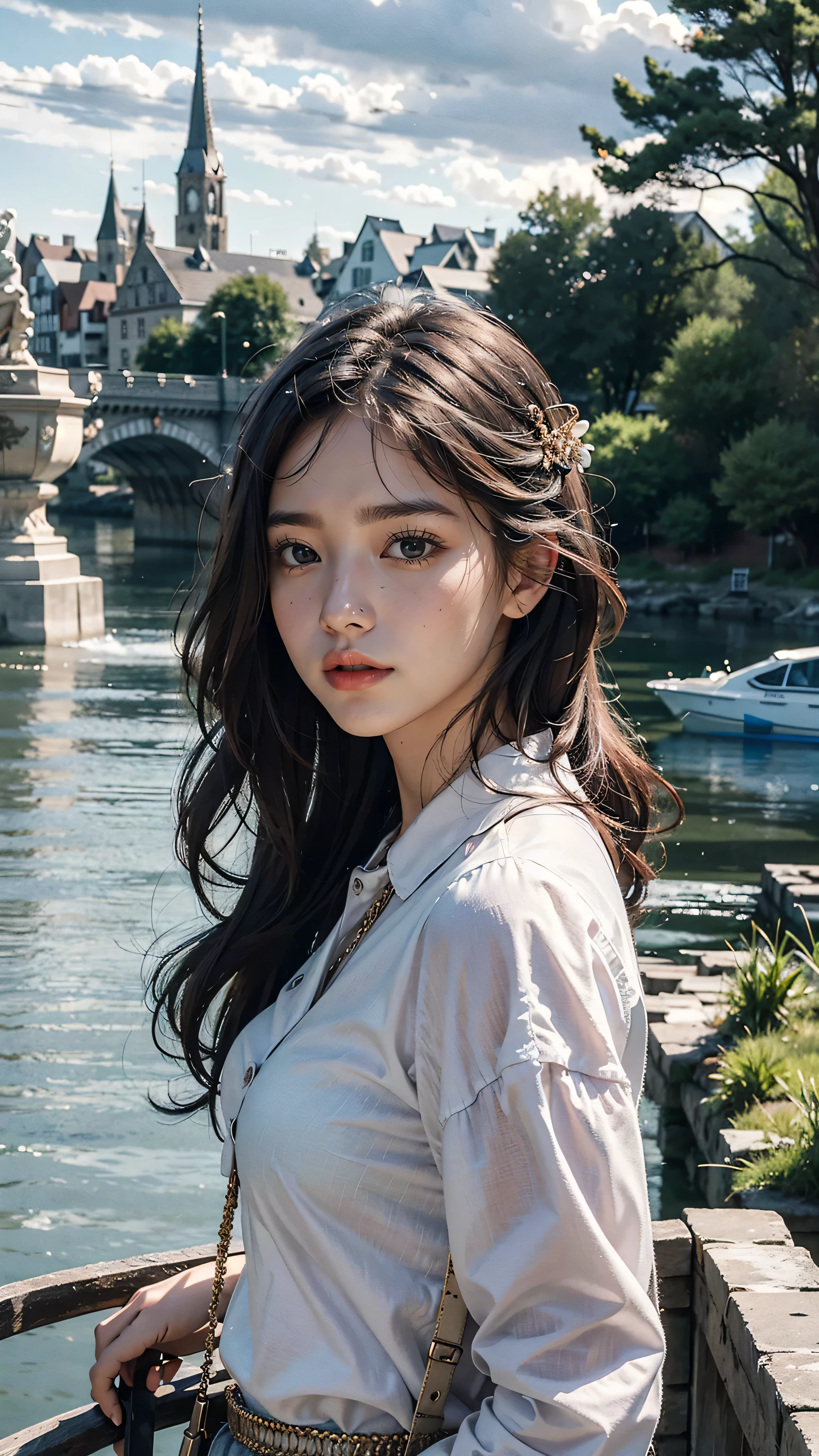 best quality, masterpiece, photo realistic, intricate details, raw photo, photon rendering, octane render, absurdres, ultra detailed, detailed face, detailed skin, trending on artstation,8k masterpiece,cinematic lighting, scenery, scenery, no humans, cityscape, sky, city, cloud, outdoors, building, sunset, city lights, bridge, river, tree, roadn, artist name,