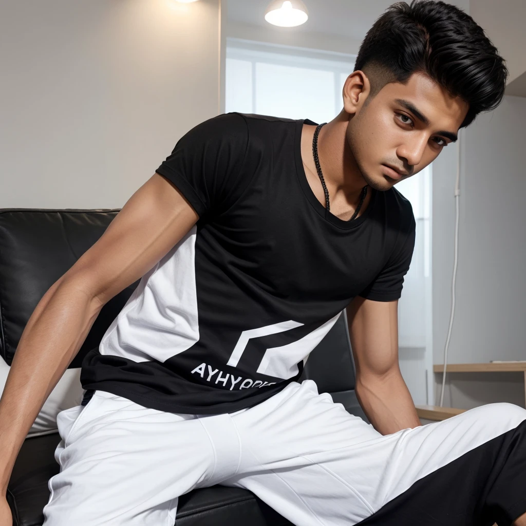 18 year's old boy were black shirt in shirt white 'Ayush collection' in small font and add 'AC'logo and add club light