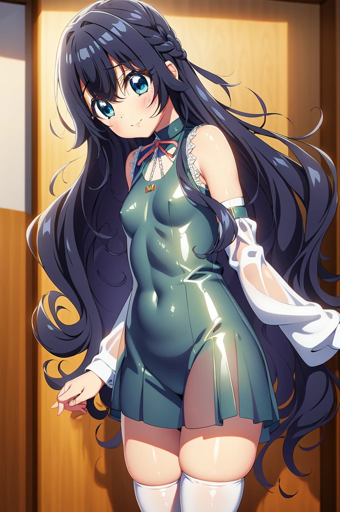 1girl,solo,full body,standing,(blonde hair:1.4), long hair, bangs,hair between eyes, wavy hair,(blue eyes:1.2),(beautiful fingers:1.6),(perfect anatomy:1.4),(arms_behind_back:1.6),(cold_shoulder:1.2),(pastel blue leather lace glossy silk lamé one-piece_swimsuit:1.4),(latex luster shiny glossy metallic:1.4),(shiny_clothes:1.4),small breasts,masterpiece,best quality,(Ultra high definition eyes:1.2),8k,(Beautiful detailed eyes:1.2),(Fine and beautiful eyes:1.2),(pretty eyes:1.2),finely detail,extremely CG, absurdres,high resolution,illustration,Detailed and beautiful outlines,finely detail,high resolution,(colorful refraction:1.4,Increase saturation:1.2),beautiful lighting,dynamic lighting,closed room,black background,simple background, smile,looking at viewer,Shizuka Yoshimoto,100kano,red ribbon, neck ribbon, armband, pastel green sweater vest,(white Clear PVC sheets sleeves:1.4),(sheer sleeves:1.4),(see-through sleeves:1.4),(wide sleeves:1.2),(pastel blue thigh boots:1.2)