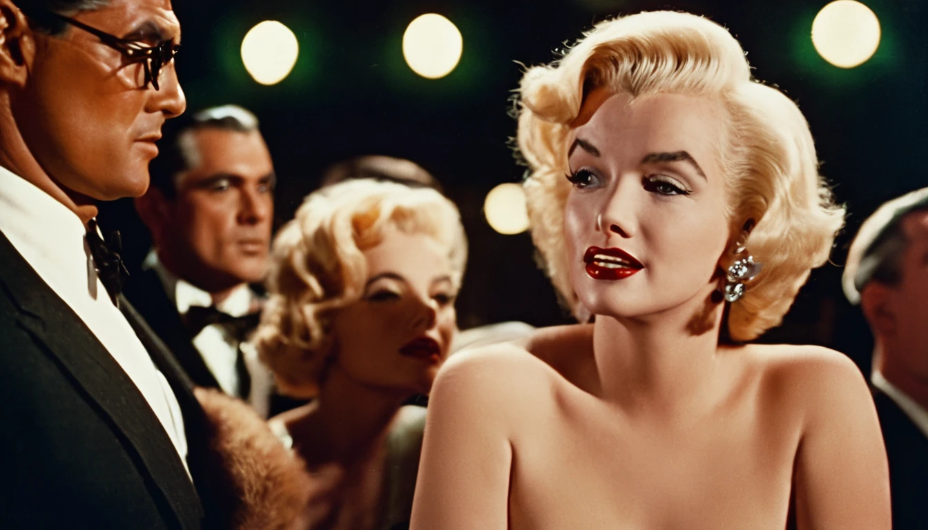 a vintage color film still of Marilyn Monroe with makeup looking at balding Clark Gable who has glasses and is clean shaving outside a hollywood matinee at night, vintage photo, , panavision, 16:9, vintage photography, haze, bokeh, glamorous composition, film still, champagne commercial, inspired by George Hurrell, steven meisel photography, very realistic film still, color, cinematic, movie still, romantic