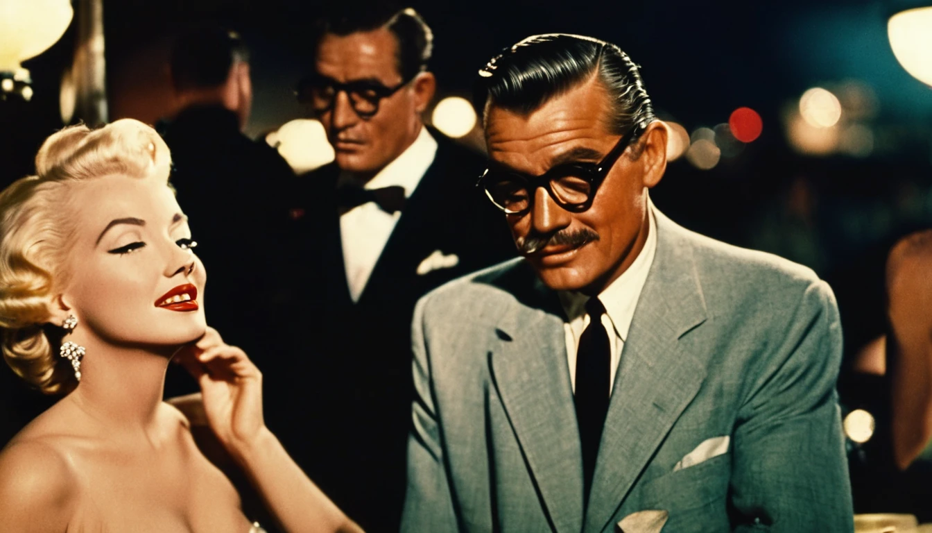 a vintage color film still of Marilyn Monroe with makeup looking at balding Clark Gable who has glasses and is clean shaving outside a hollywood matinee at night, vintage photo, , panavision, 16:9, vintage photography, haze, bokeh, glamorous composition, film still, champagne commercial, inspired by George Hurrell, steven meisel photography, very realistic film still, color, cinematic, movie still, romantic