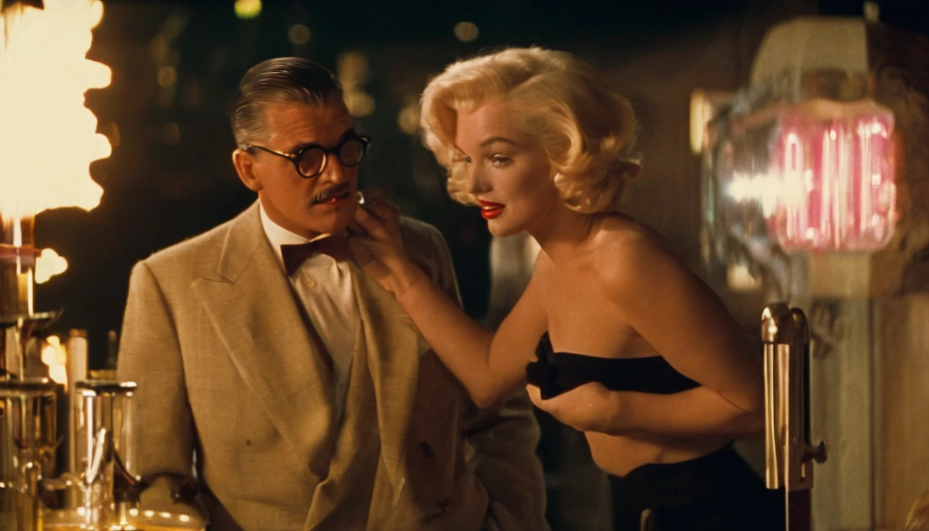 a vintage color film still of Marilyn Monroe with makeup looking at balding Clark Gable who has glasses and is clean shaving outside a hollywood matinee at night, vintage photo, , panavision, 16:9, vintage photography, haze, bokeh, glamorous composition, film still, champagne commercial, inspired by George Hurrell, steven meisel photography, very realistic film still, color, cinematic, movie still, romantic