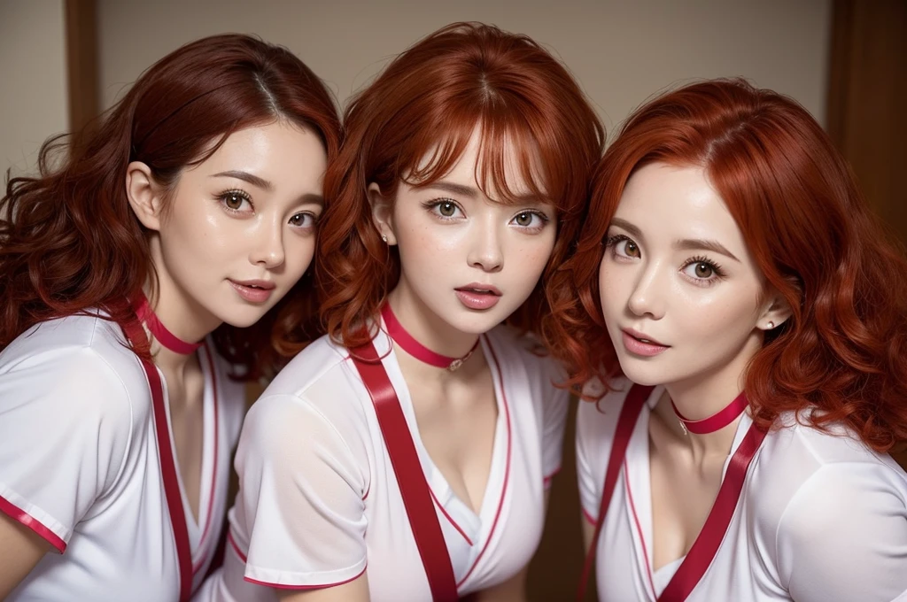 two sexy bubbly and cheerful women in midwife outfits, kneeling, short, vibrant curly red and auburn hair, chokers, cute shocked faces, portrait, close up faces, view from above