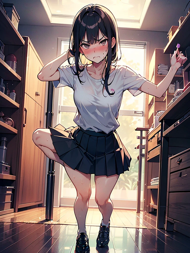 (((((Dildo on the floor:1.5, standing, spread legs:1.5, Point your knees outwards:1.5 ) behind head, Push your hips forward,pussy juice , Voluptuous body, Slut、(Dildo on the floor, standing, spread,arms behind head, Point your knees outwards:1.5, Sweat, Angle from below)))), Realistic composition, Doujinshi scene,, Big Thighs, Pleated skirt, White Shirt, Angry face, blush, from below
