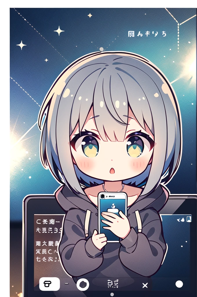 highest quality、masterpiece、（one person）、Bright silver short bob hair、hoodie、looking at the camera　smartphone
