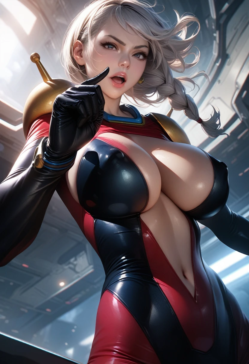 perfect hands, perfect finger,perfect anatomy, masterpiece, best quality,realistic, hyperrealistic, 16k hdr,1girl, large breasts,erected nipples,silver hair, braid,mobile trace suit, shoulder armor,bodysuit,fighting pose, upper body, cockpit,from below