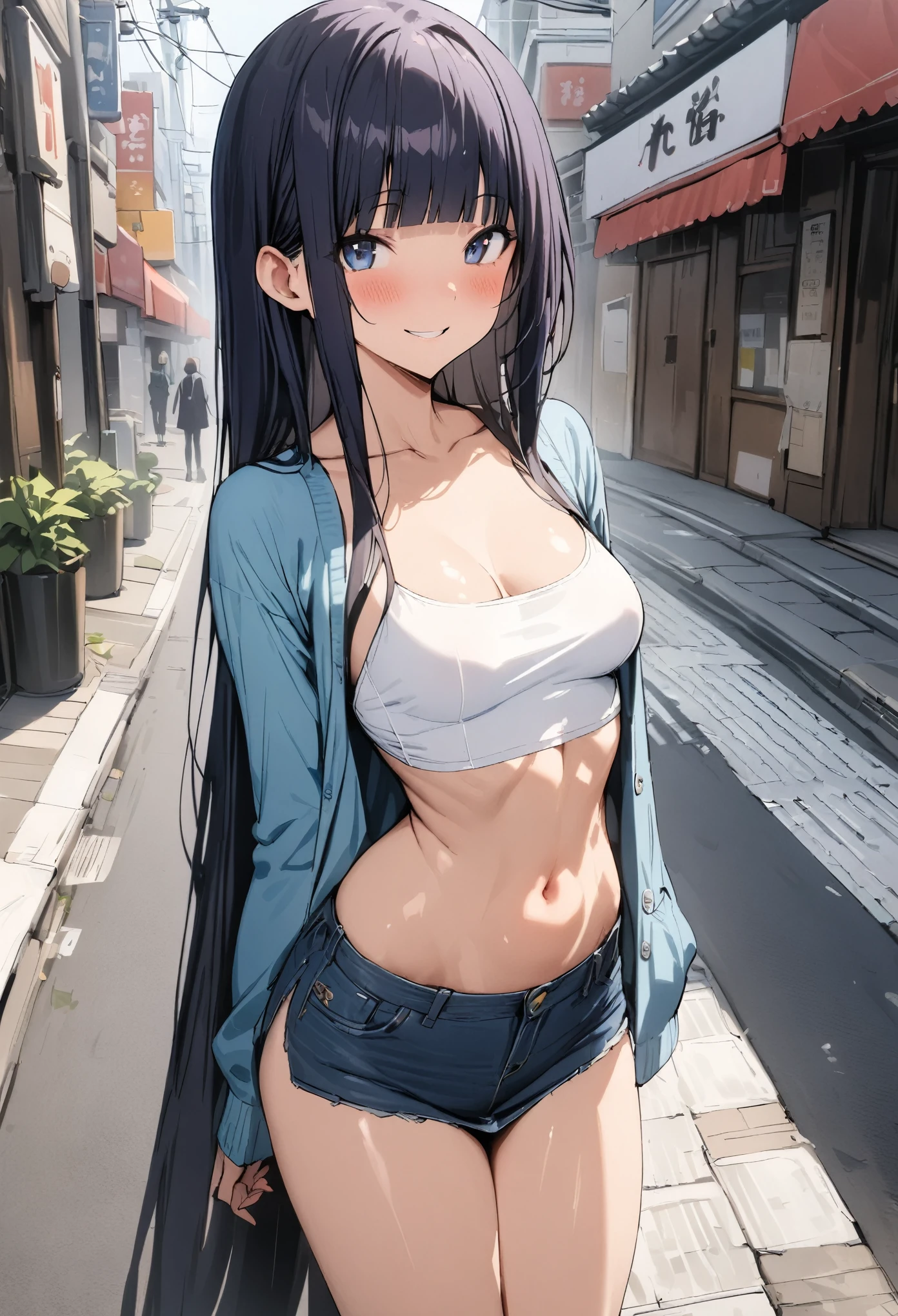 (((masterpiece, highest quality:1.3,absurdres))),25 year old beauty,solo,((very small head:1.2)),long hair,bangs,dark blue hair,dark blue eyes,gorgeous eyes,blush,smile,medium breasts,((very long body:1.2)),((toned body,slender body)),skinny,gleaming skin,shiny skin,((Navy blue cardigan、White tube top、Denim mini skirt、navel)),on street,Tokyo、