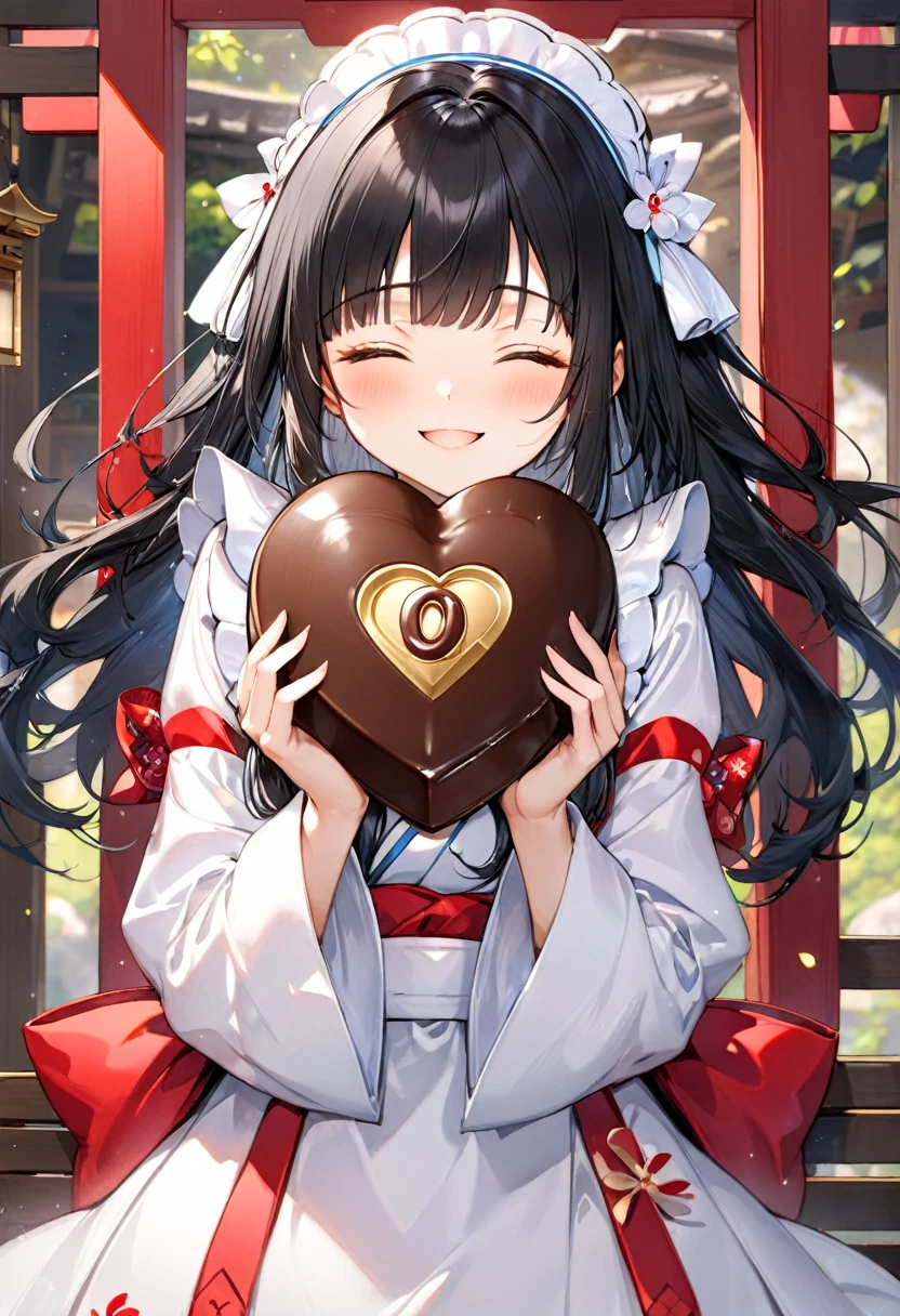 (15 yo, solo blunt bangs black hair long hair cute shrine maiden girl, sexy closed eyes, love smile), (hand holding a biggest shape of number 0:1.5 for chocolate), perfect anatomy, masterpiece, best quality, 16k, beautiful detailed grow, daydreaming expression.