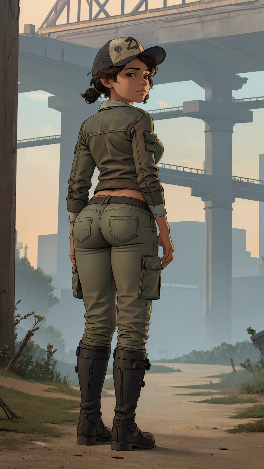((masterpiece, best quality)),(complex lighting) ,solo,(((1girl))) ,clementine, light skin,light-skinned female, baseball cap, green cargo pants, brown eyes, tight pants, combat boots, shirt, short hair, one short ponytail, open denim jacket, huge butt, thicc butt , (((8k))), (((full body))), (((bent over))), (((looking at the viewer))), (((butt visible))), cameltoe