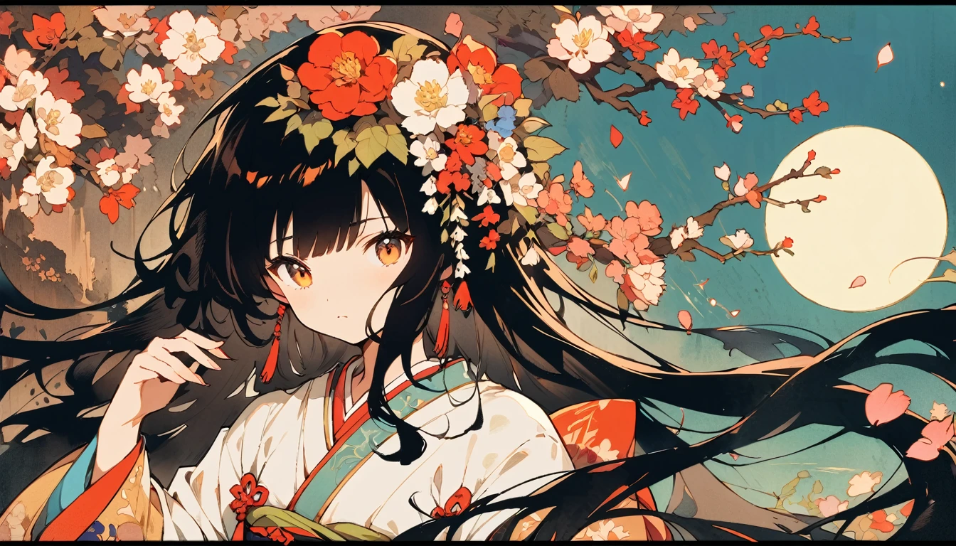 masterpiece, highest quality, A woman in her twenties from the late Edo period.。She's still, but、Her fancy dress.、Her long hair is in disarray。Strange pose。Big eyes and a serious expression。Please draw only above the chest。 In the style of old Japanese paintings with low saturation、The women look like modern anime characters..、She has a bit of Kabuki makeup on..。Strong 2D feel。night。background, A large cherry tree with lots of petals falling、And a huge full moon。night桜。I want to use it as a thumbnail for lofi music。(((Ink Painting)))