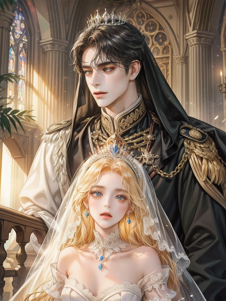 (1 man and 1 woman ), princess, Crown Prince, Cathedral backdrop,bridal veil,wedding dress,An arrogant face