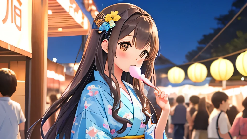 A girl with long brown hair licking a cotton candy on a summer festival night。Cute yukata designs(Light blue with yellow petal pattern)、Express your image with a cute pose。Time is night、She bows her head slightly and looks at me shyly, looking up.、Slim body、Same perspective、Walking side by side、Beautiful handcrafted detail