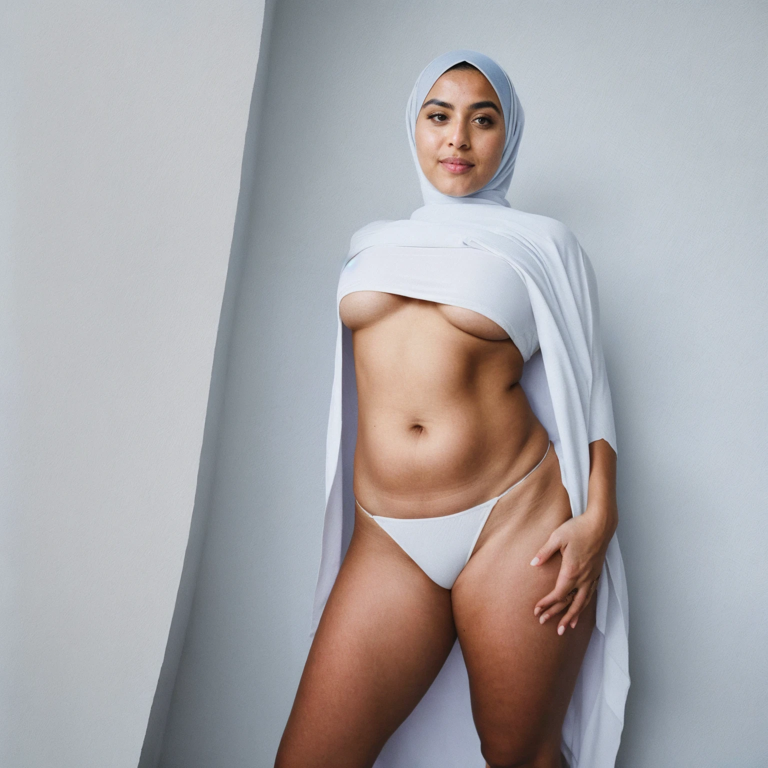 RAW photo,candid photograph, full body,photo of a beautiful,modern,25yo Moroccan woman,black hijab, detailed skin, naked, looking at viewer, chubby body structure,white background,no background, candid pose,blue light, film grain, kodak color, instagram LUT