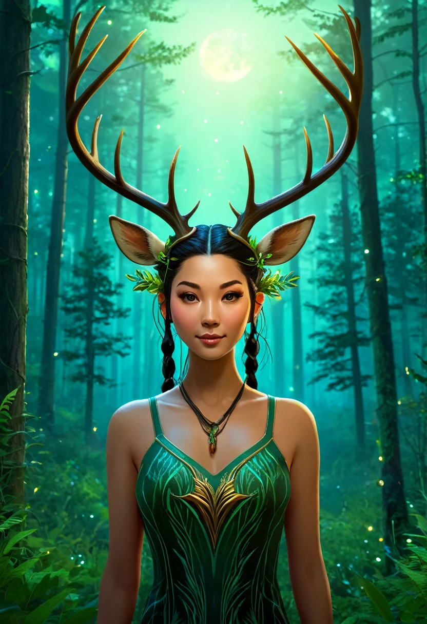 nature god with bigger deer antlers on her head. a forest in the background that's occupy by fireflies.