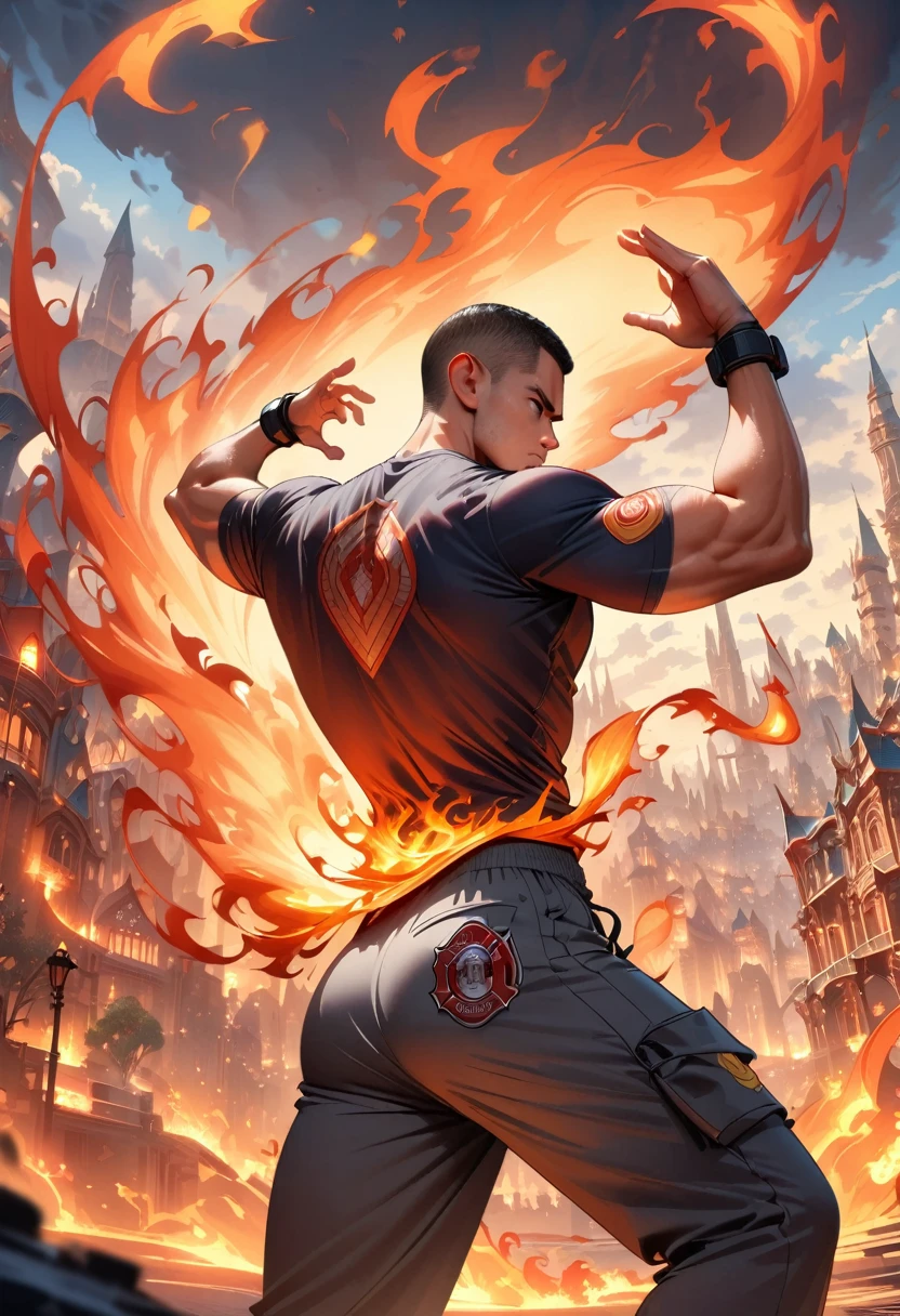 (Firefighter back:1.5),  From the back，wearing a tattered shirt, combustion,flame， Luminescence, Dynamic poses, Fighting Stance, (fantasy city background), Pants,, Practical, masterpiece, Intricate details, Detailed background, Depth of Field, Fitness back,